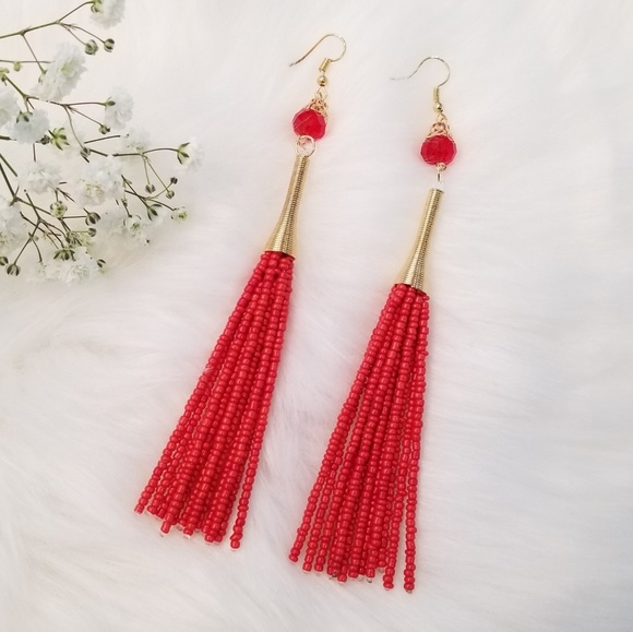 Jewelry - Red Beaded Tassel Earrings